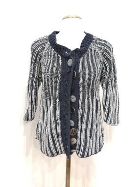 Pure Handknit Women's Navy and White Striped Cotton Cardigan XS